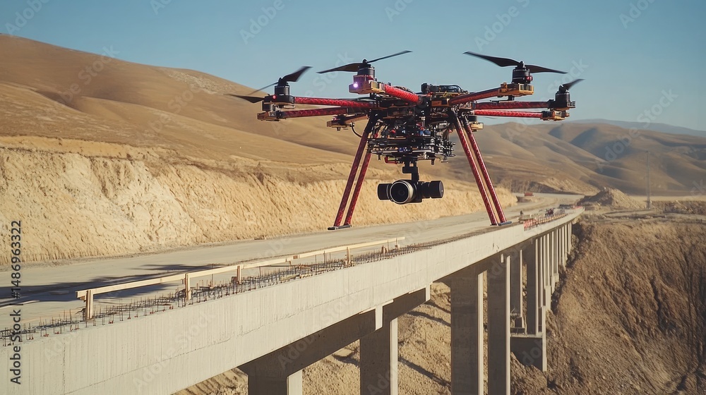 Poster aerial drone scanning bridge under construction with sensors and gps mapping