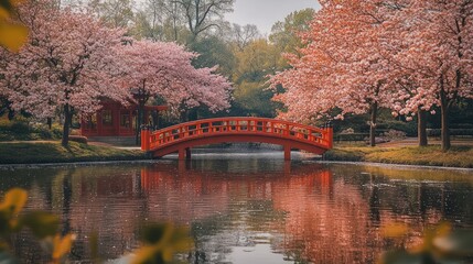 Fototapeta premium Peaceful pink blossom trees and red bridge reflection