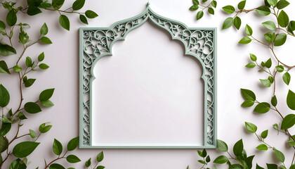 Light Green Islamic Frame with Delicate Vine Patterns Set Against a Neutral Backdrop Showcasing an Ornate Natural Design