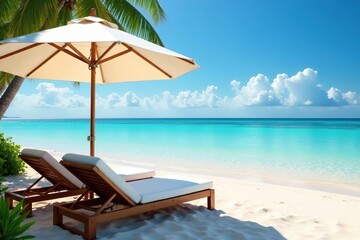 Obraz premium Relaxing beach scene with beach beds and umbrella providing shade , tropical, escape