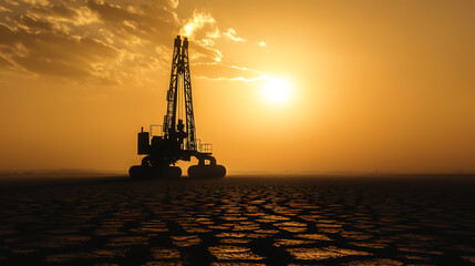 Obraz premium Oil rig operation at sunrise remote desert industrial scene arid landscape dramatic silhouette energy extraction