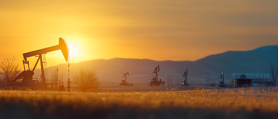 Oil extraction operations at sunset in a rural landscape industrial scene natural environment scenic view