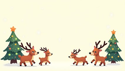 Fototapeta premium Joyful illustration of reindeer walking past decorated Christmas trees, bringing holiday cheer