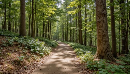 Fototapeta premium Serene forest path, discover a tranquil walkway through towering trees and lush greenery