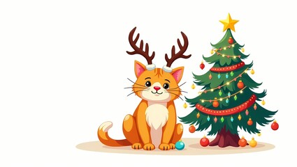 Festive cat with reindeer antlers sits beside decorated Christmas tree