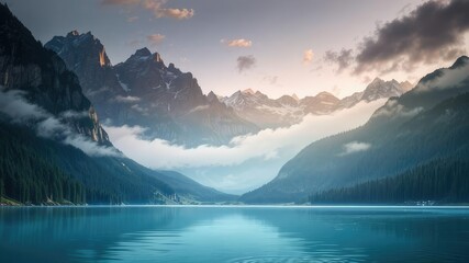 Misty Mountain Lake Scenery