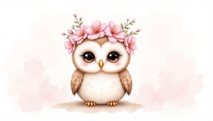 Obraz premium Adorable owl with floral crown, a charming closeup of nature's beauty