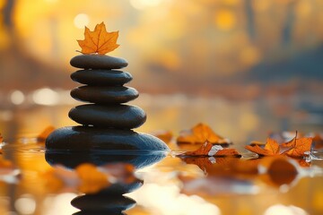 Obraz premium Balanced stones with a leaf on top are reflected in still water. Ideal for wellness, zen, autumn themes and promoting inner peace.