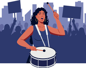 Woman playing drum at protest rally with crowd holding signs vector illustration 