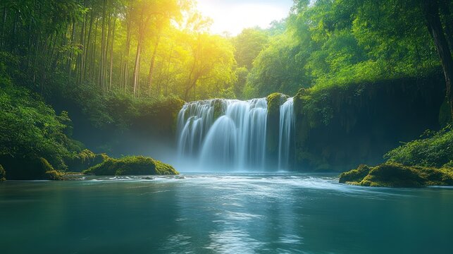 Serene waterfall in lush green forest