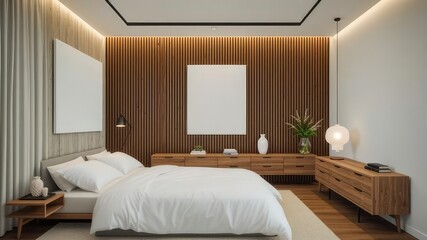 Modern Minimalist Bedroom with Wood Accent Wall and Floating Credenza
