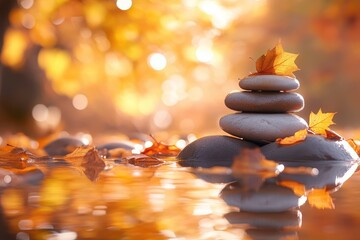Obraz premium Balanced stones with autumn leaves in water, soft, warm light. Use it for zen, meditation, or a calm wellness concept.