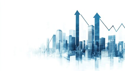 Urban growth depicted by overlaid upward trending charts on a cityscape.  Abstract graphic of  buildings,  and graphs showing  increasing values