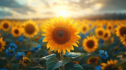Obraz premium Sunflower field at sunrise