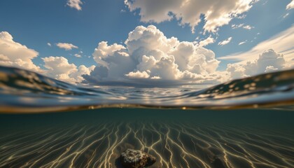 seascape framed tightly to emphasize the height of clouds above, viewed from below sea level (underwater perspective with above surface view visible). emphasizes sky power and marine connection