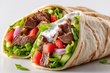 Close up of a delicious gyro pita sandwich.