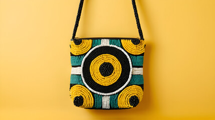 Pattern made of handcrafted beaded bag on a yellow background.