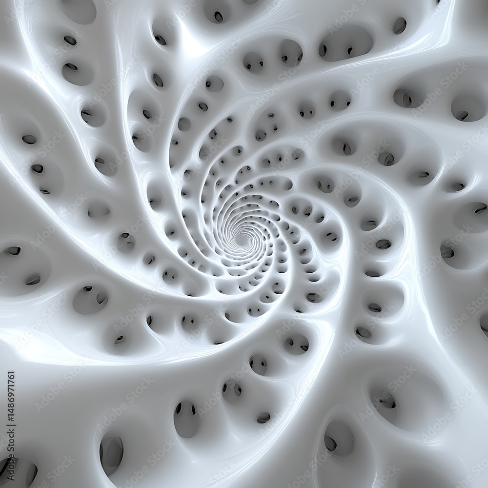 Poster abstract swirling white 3d fractal art with repeating circular patterns creating a hypnotic vortex e
