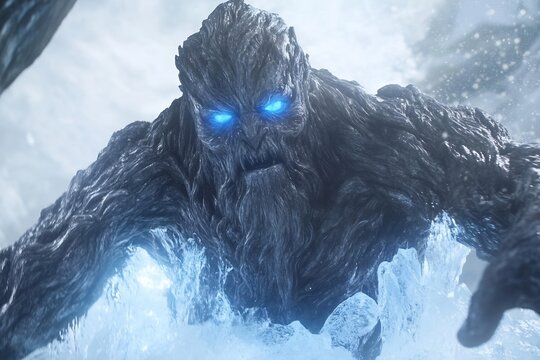 Norse mythology Ymir frost giant rising from the ice with glowing blue eyes against a white background