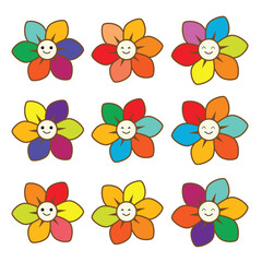 Set of colorful flowers with smiling faces