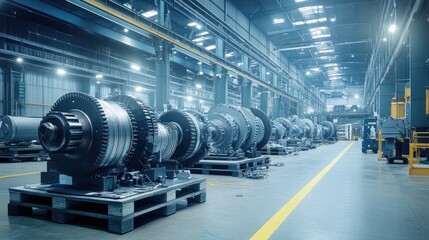 Fabrication floor lined with large mechanical gears and housing units on metal pallets