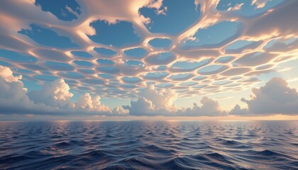 a futuristic look at the ocean with the sky filled with unusual geometric shaped clouds resembling hexagonal grids. clean sea, surreal lighting, ideal for conceptual or science fiction themes