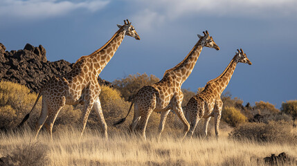Obraz premium a group of giraffes walking 
