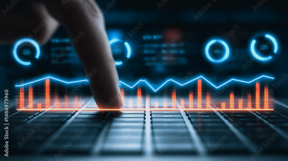 Poster data driven decisions: a close-up of a finger interacting with a laptop keyboard, highlighting dynam
