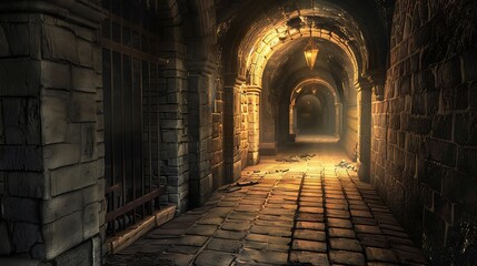 Fototapeta premium Dark Stone Tunnel Interior with Arches and Light Illuminating the End