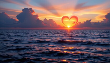 a romantic seascape with glowing cloud formations during golden hour, shaped like hearts and swirls above the horizon. the sea mirrors their soft glow. ideal for love themed or emotional content.