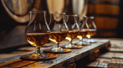 Several glasses of amber liquid on a wooden plank in a dark, rustic setting