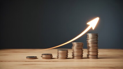 Growing Investment: Stacks of coins with an upward trend graph.