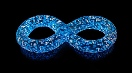 Naklejka premium Digital Infinity Loop with Blue Binary Code on Black Background - Futuristic Technology Concept