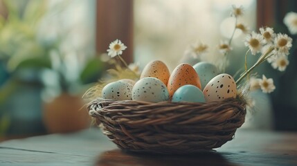 Obraz premium Speckled Easter Eggs Nestled in Rustic Bird's Nest
