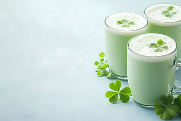 Three mugs of creamy, light green beverage garnished with shamrocks. Festive St. Patrick's Day drink.