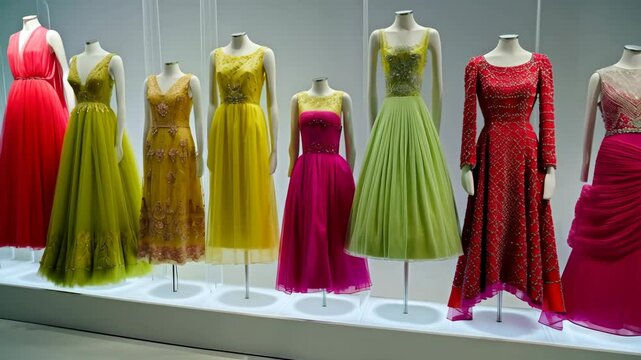 Colorful Couture Gowns on Display, Featuring Vibrant Tulle, Intricate Beadwork and Elegant Silhouettes