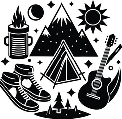 Camping Adventure Mountains, Music, and Nature Exploration silhouette set