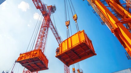 Fototapeta premium Overhead cranes moving excavator frames from one station to another