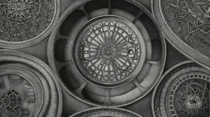 Intricate, layered circles in grayscale, artistic design.