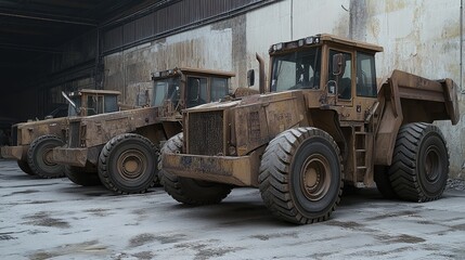 Partially assembled wheel loaders in a row awaiting engine installation