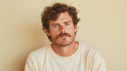 Obraz premium Portrait of a Confident Man with a Bushy Mustache Dressed Casually Against a Neutral Background