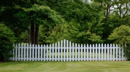 White Wooden Picket Fence Surrounded by Lush Greenery in a Sunny Landscape with Trees and Grass in a Peaceful Outdoor Setting
