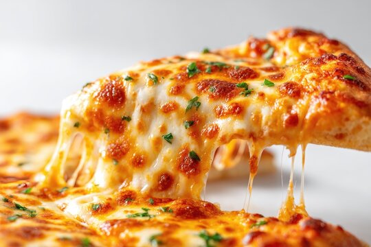 Close-up of a hot, melted cheese pizza slice.