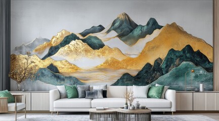 Abstract gold and teal mountain landscape wall art