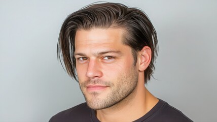 Obraz premium Portrait of a Man With Thick Messy Dark Blonde Hair Styled Effortlessly Against Gray Background