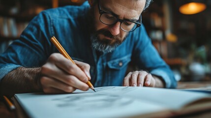 Focused Artist Creating Detailed Sketch in Cozy Studio