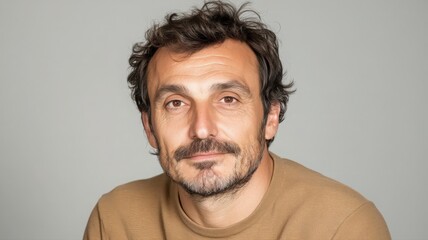 Portrait of a Man with Tousled Dark Hair Wearing Casual Attire Against a Neutral Background