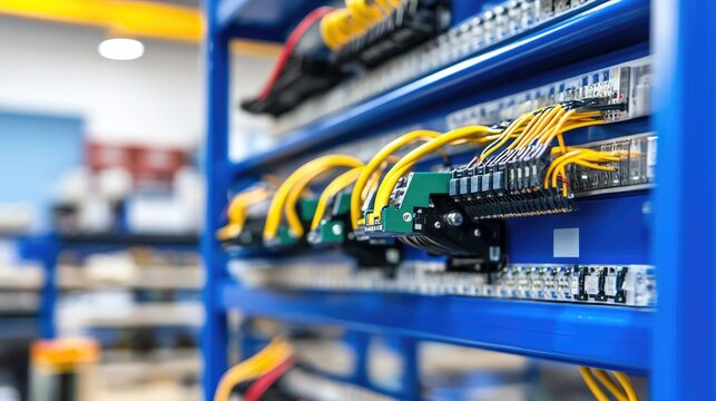 Shelves filled with wiring harnesses for excavator electrical systems