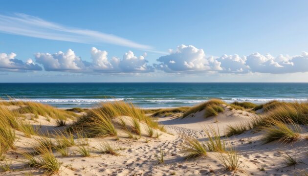 a wide coastal horizon where the sea meets the sky, with wave shaped clouds rolling above a line of windswept sand dunes covered in sea grass. balanced natural energy, ultra sharp detail.