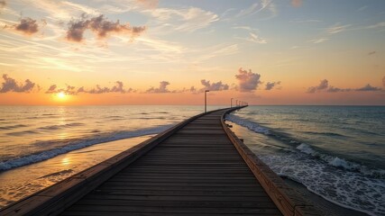 Fototapeta premium Sunset Embraces Boardwalk Shoreline, Tranquil Coastal Scene
